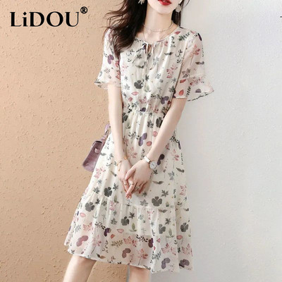 Rochii din șifon dulce cu imprimeuri florale de vară pentru dama, cu mânecă scurtă, cu talie, cu dantelă, rochie casual pentru femei