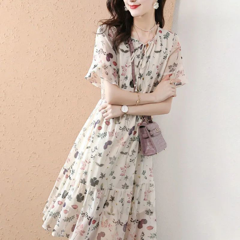 Καλοκαιρινό νέο φλοράλ με στάμπα Sweet Chiffon Vestidos Ladies Flare με κοντό μανίκι μέση κορδόνι επάνω Robe Casual fashion γυναικείο φόρεμα