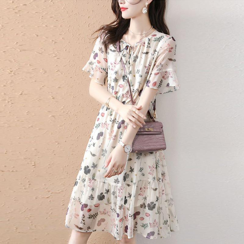 Καλοκαιρινό νέο φλοράλ με στάμπα Sweet Chiffon Vestidos Ladies Flare με κοντό μανίκι μέση κορδόνι επάνω Robe Casual fashion γυναικείο φόρεμα