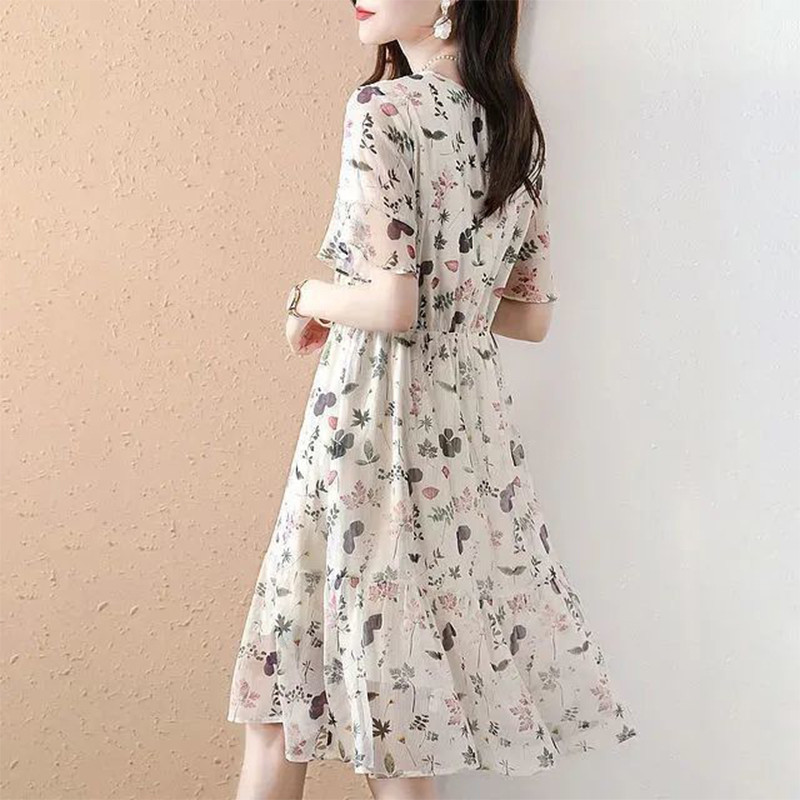 Καλοκαιρινό νέο φλοράλ με στάμπα Sweet Chiffon Vestidos Ladies Flare με κοντό μανίκι μέση κορδόνι επάνω Robe Casual fashion γυναικείο φόρεμα