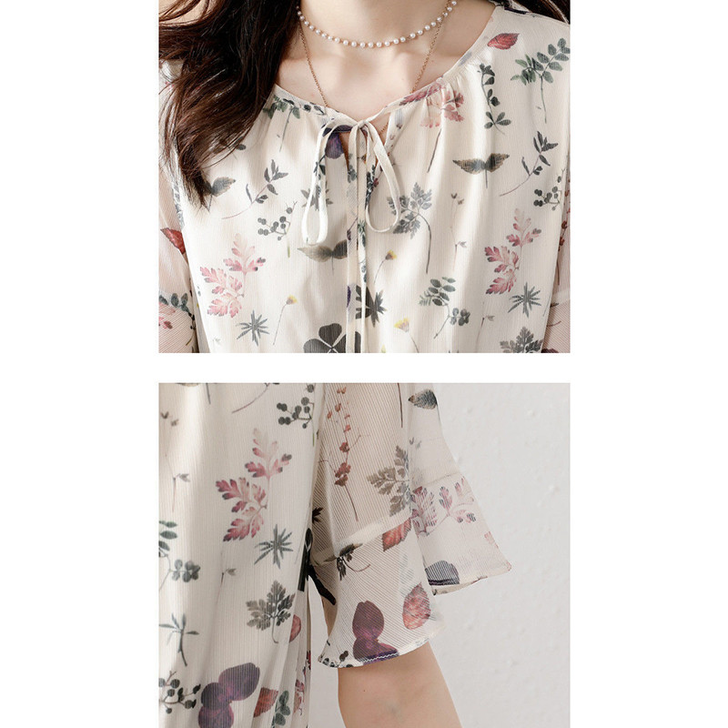 Καλοκαιρινό νέο φλοράλ με στάμπα Sweet Chiffon Vestidos Ladies Flare με κοντό μανίκι μέση κορδόνι επάνω Robe Casual fashion γυναικείο φόρεμα