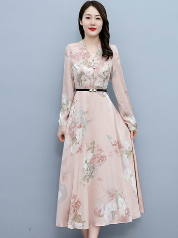 Пролет Есен Дамска рокля с дълъг ръкав 2022 Ежедневни макси сатен шик Елегантни парти флорални облегалки Модни ретро вечерни рокли