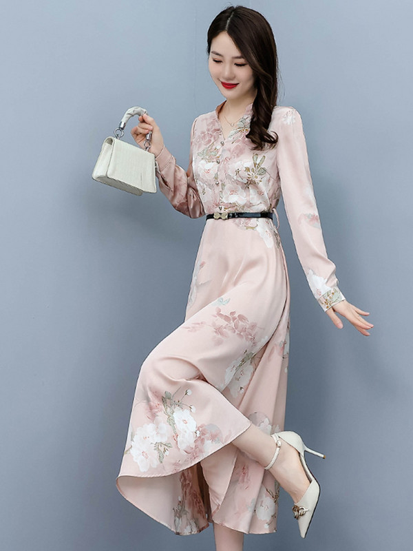 Ανοιξιάτικο φθινόπωρο γυναικείο μακρυμάνικο φόρεμα 2022 Casual Maxi Satin Chic Κομψό πάρτι Floral Bodycon Fashion Vintage βραδινά φορέματα