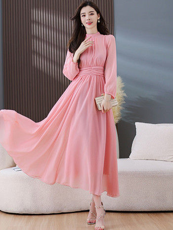 2024 Нова бяла шифонена ретро бохо рокля Пролет Лято Абитуриентска вечер с дълъг ръкав Розови дамски елегантни модни миди рокли по тялото