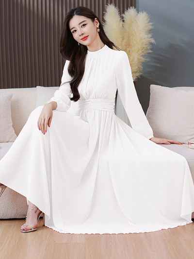 2024. Nova bijela šifonska vintage boho haljina proljeće ljeto maturalna večer dugih rukava ružičaste ženske elegantne modne midi haljine uz kroj