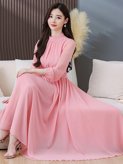 2024. Nova bijela šifonska vintage boho haljina proljeće ljeto maturalna večer dugih rukava ružičaste ženske elegantne modne midi haljine uz kroj