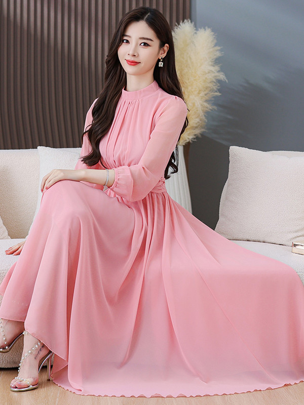 2024. Nova bijela šifonska vintage boho haljina proljeće ljeto maturalna večer dugih rukava ružičaste ženske elegantne modne midi haljine uz kroj