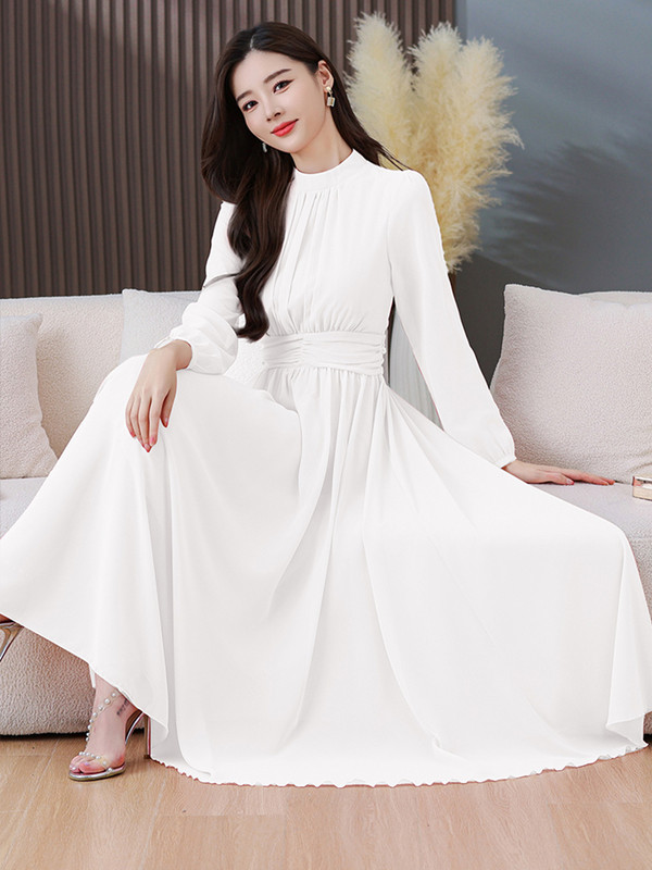 2024. Nova bijela šifonska vintage boho haljina proljeće ljeto maturalna večer dugih rukava ružičaste ženske elegantne modne midi haljine uz kroj