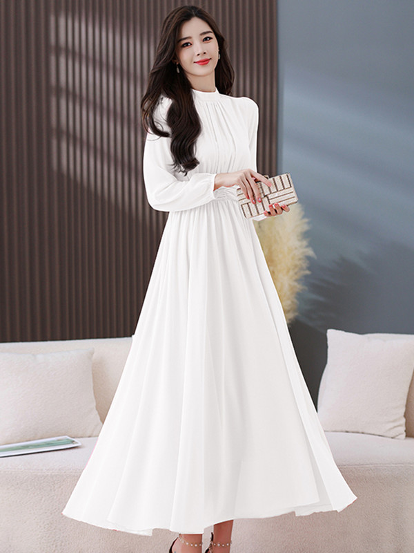 2024. Nova bijela šifonska vintage boho haljina proljeće ljeto maturalna večer dugih rukava ružičaste ženske elegantne modne midi haljine uz kroj