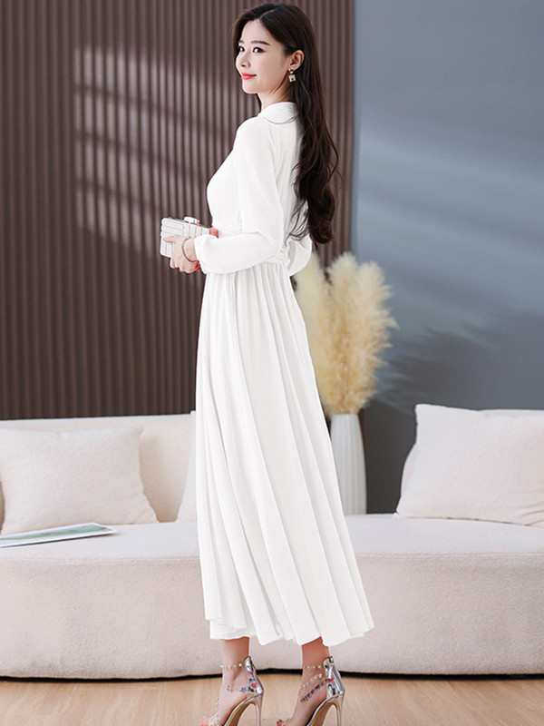 2024. Nova bijela šifonska vintage boho haljina proljeće ljeto maturalna večer dugih rukava ružičaste ženske elegantne modne midi haljine uz kroj