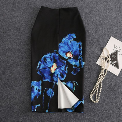 Imprimat elegant, cu talie înaltă, slim fit, cu fantă, lungime mijlocie, până la genunchi, fustă elastică, versatilă, pentru femei, cu imprimeu de flori, fuste în linie A.