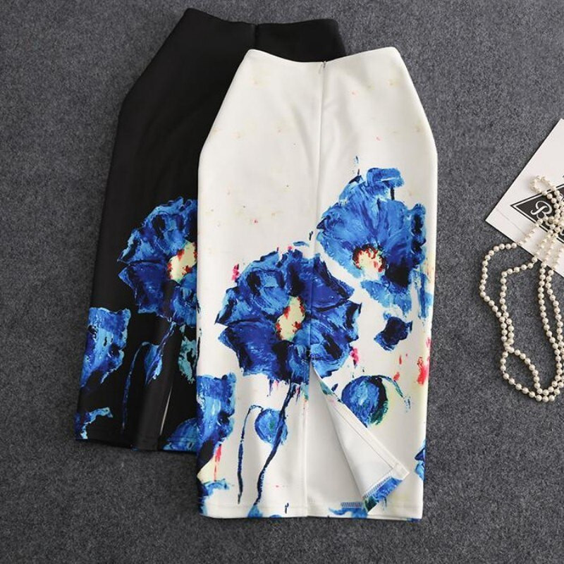 Imprimat elegant, cu talie înaltă, slim fit, cu fantă, lungime mijlocie, până la genunchi, fustă elastică, versatilă, pentru femei, cu imprimeu de flori, fuste în linie A.