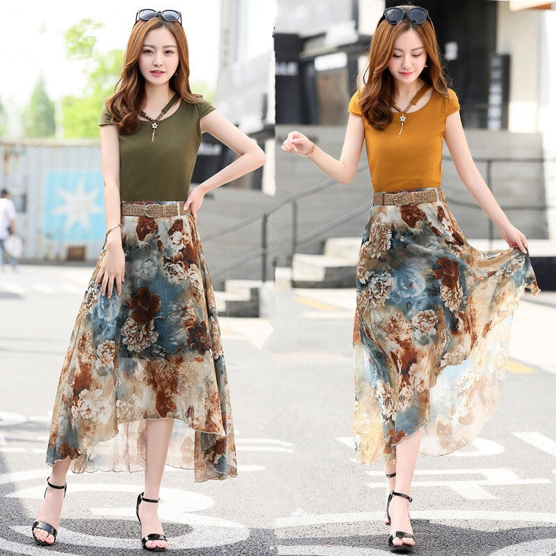2023. aasta suvine uus naiste rõivakomplekt T-särk ja šifoonist seelik, kaheosaline ülikond, vabaajaline O-kaelusega lühikeste varrukatega ülikond, ülisuur kvaliteetne