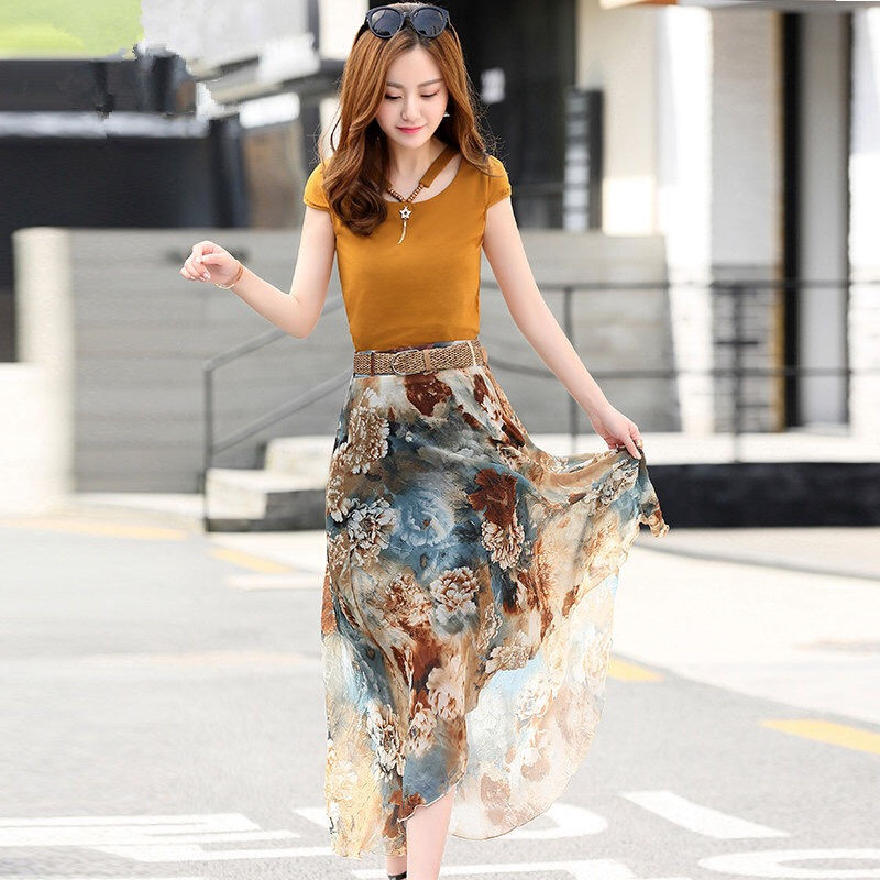 2023. aasta suvine uus naiste rõivakomplekt T-särk ja šifoonist seelik, kaheosaline ülikond, vabaajaline O-kaelusega lühikeste varrukatega ülikond, ülisuur kvaliteetne