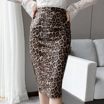 Kevadine naiste midiseelik Vintage metsik šikk leopardimustriga kõrge vöökoht puusa lõhenenud naiselik Faldas Larga kontori tänavapidu