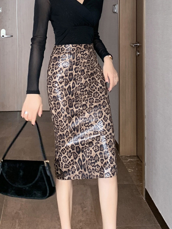 Kevadine naiste midiseelik Vintage metsik šikk leopardimustriga kõrge vöökoht puusa lõhenenud naiselik Faldas Larga kontori tänavapidu