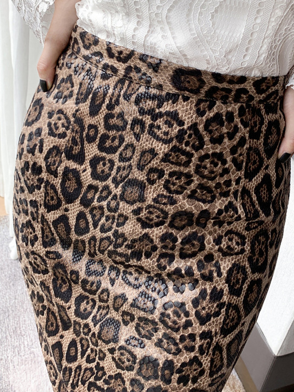 Kevadine naiste midiseelik Vintage metsik šikk leopardimustriga kõrge vöökoht puusa lõhenenud naiselik Faldas Larga kontori tänavapidu