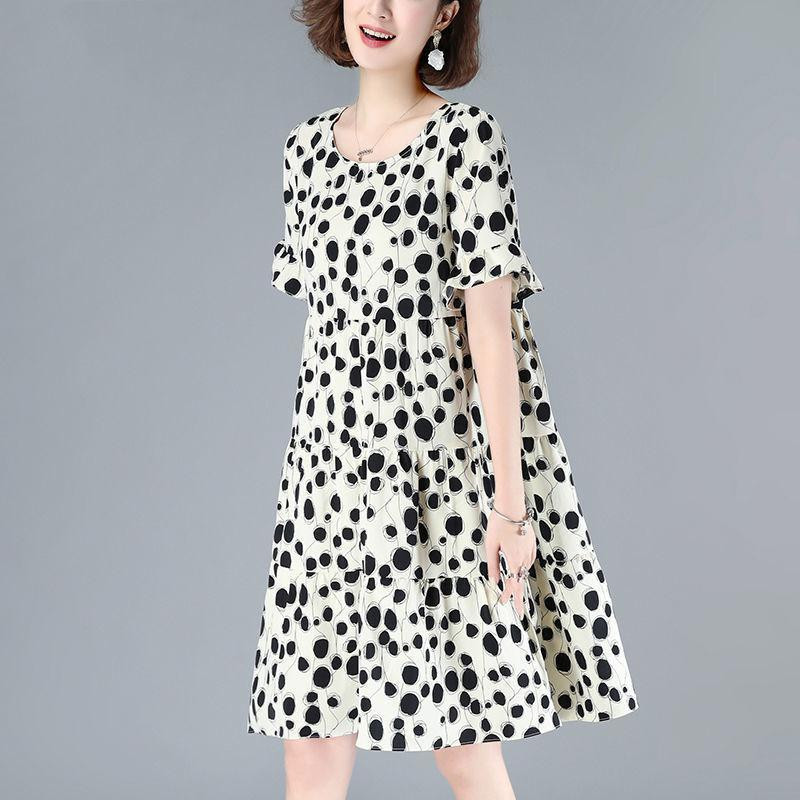 Naiste rõivad Vabaaja täpptrükiga A-joonega kleidid Suvised liblikaga varrukad Korea ümara kaelusega Täiesti sobiv avar lõhestatud Midi kleit