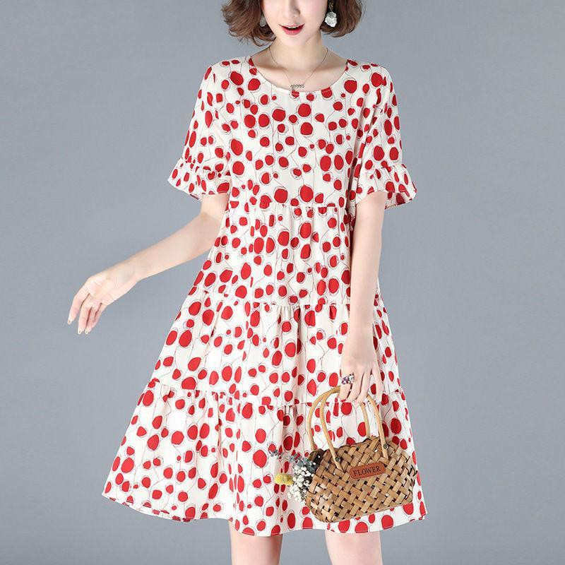 Naiste rõivad Vabaaja täpptrükiga A-joonega kleidid Suvised liblikaga varrukad Korea ümara kaelusega Täiesti sobiv avar lõhestatud Midi kleit