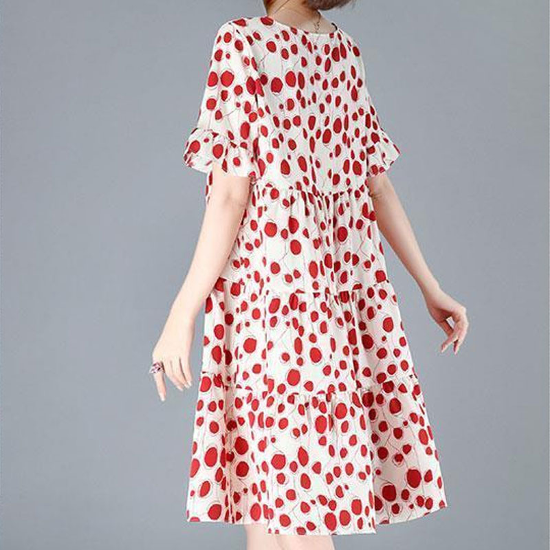 Naiste rõivad Vabaaja täpptrükiga A-joonega kleidid Suvised liblikaga varrukad Korea ümara kaelusega Täiesti sobiv avar lõhestatud Midi kleit