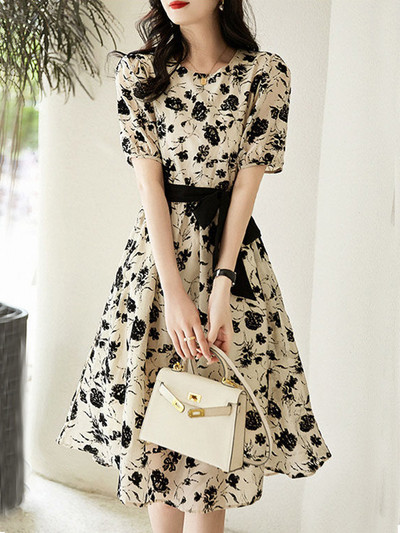 Suvine Korea trükisega elegantne mood esteetiline peokleit naistele lühikeste varrukatega kaelusega Vestidos De Fiesta šikk vintage naiselik rüü