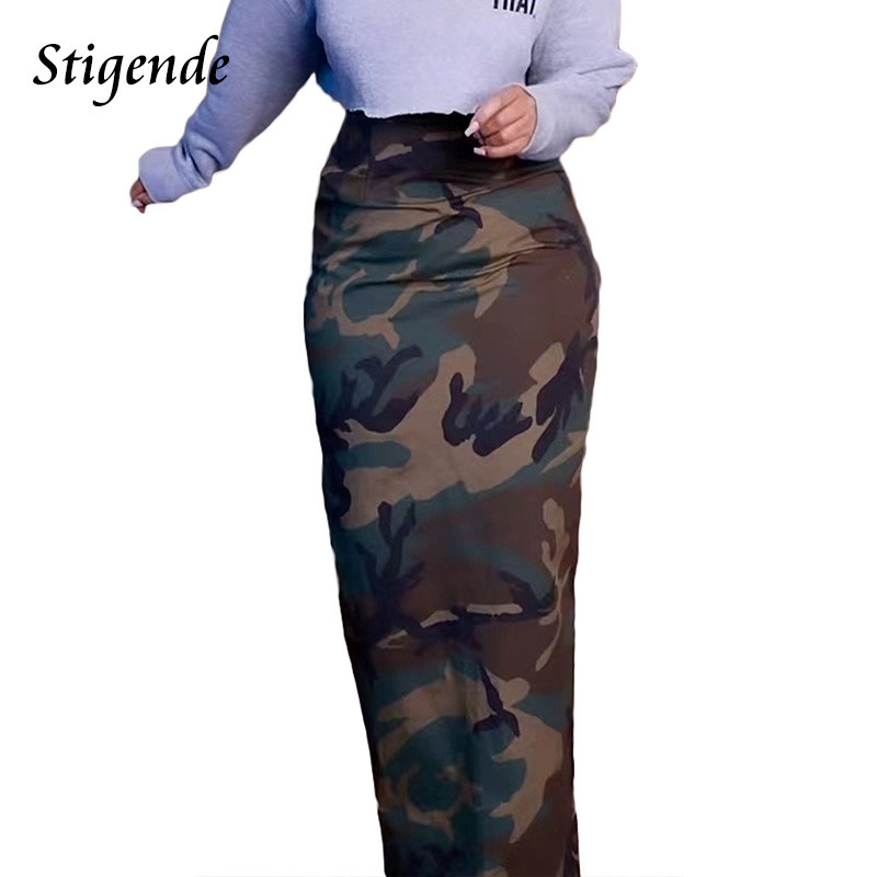 Stigende Γυναικεία φούστα καμουφλάζ με φερμουάρ πλάτη Stretch Bodycon Πράσινη φούστα Σέξι Slim Fit Split Μακριά Maxi Φούστα Streetwear