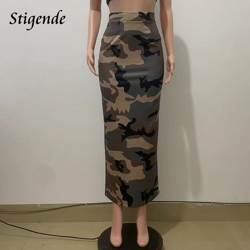 Stigende Γυναικεία φούστα καμουφλάζ με φερμουάρ πλάτη Stretch Bodycon Πράσινη φούστα Σέξι Slim Fit Split Μακριά Maxi Φούστα Streetwear