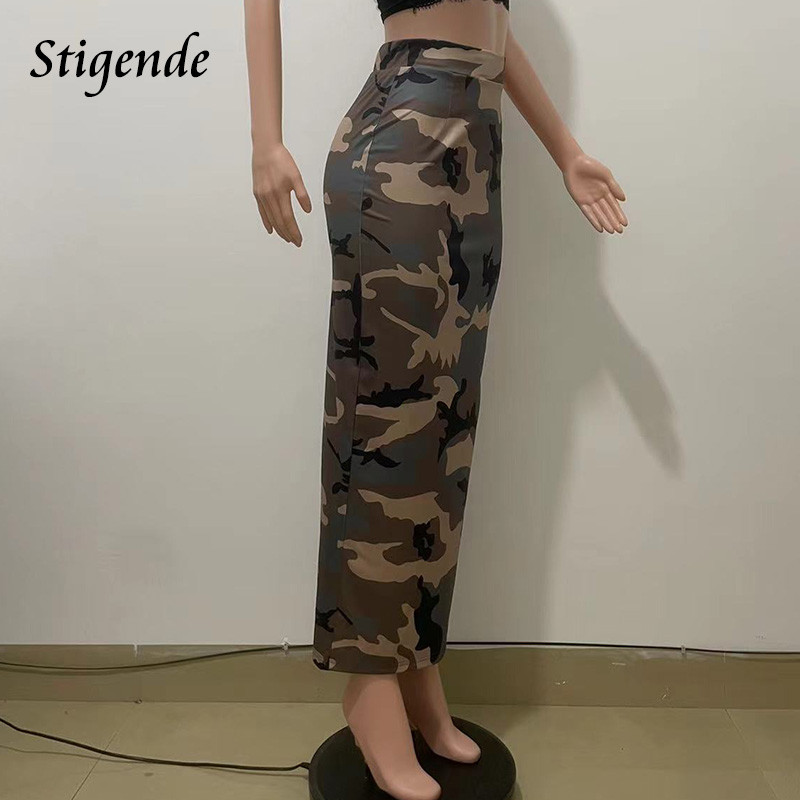Stigende Γυναικεία φούστα καμουφλάζ με φερμουάρ πλάτη Stretch Bodycon Πράσινη φούστα Σέξι Slim Fit Split Μακριά Maxi Φούστα Streetwear