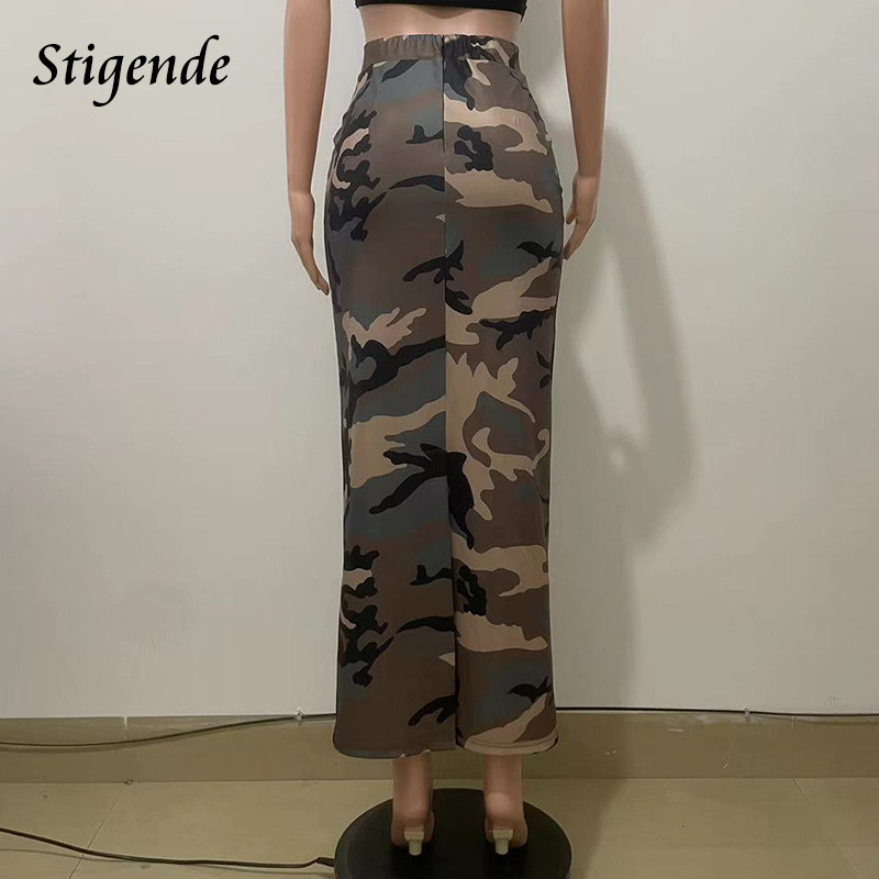 Stigende Γυναικεία φούστα καμουφλάζ με φερμουάρ πλάτη Stretch Bodycon Πράσινη φούστα Σέξι Slim Fit Split Μακριά Maxi Φούστα Streetwear