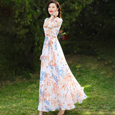 Καλοκαίρι 2024 Νέα φορέματα Devening με στάμπα από σιφόν Γυναικεία ρούχα Μόδα Slim Plus Size 4XL Φορέματα διακοπών Super Long