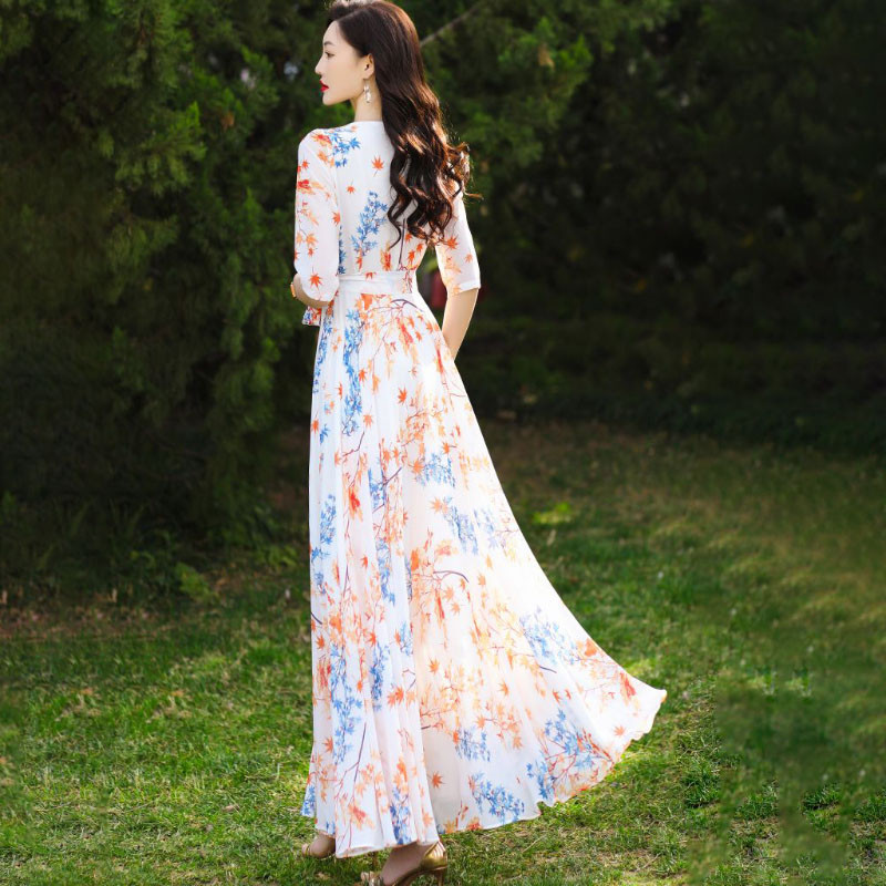 Καλοκαίρι 2024 Νέα φορέματα Devening με στάμπα από σιφόν Γυναικεία ρούχα Μόδα Slim Plus Size 4XL Φορέματα διακοπών Super Long