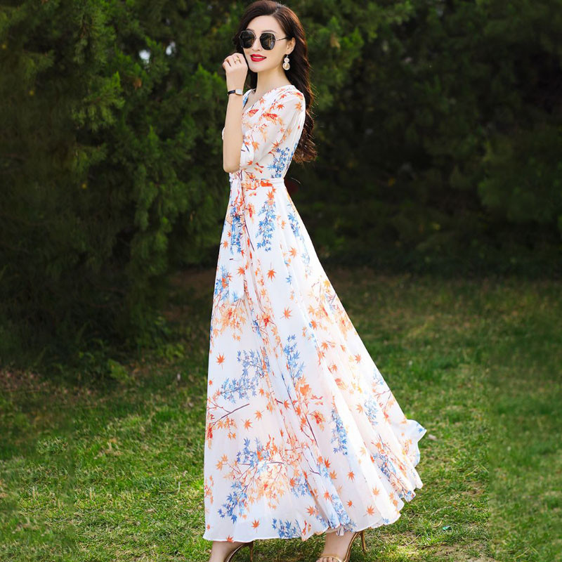 Καλοκαίρι 2024 Νέα φορέματα Devening με στάμπα από σιφόν Γυναικεία ρούχα Μόδα Slim Plus Size 4XL Φορέματα διακοπών Super Long