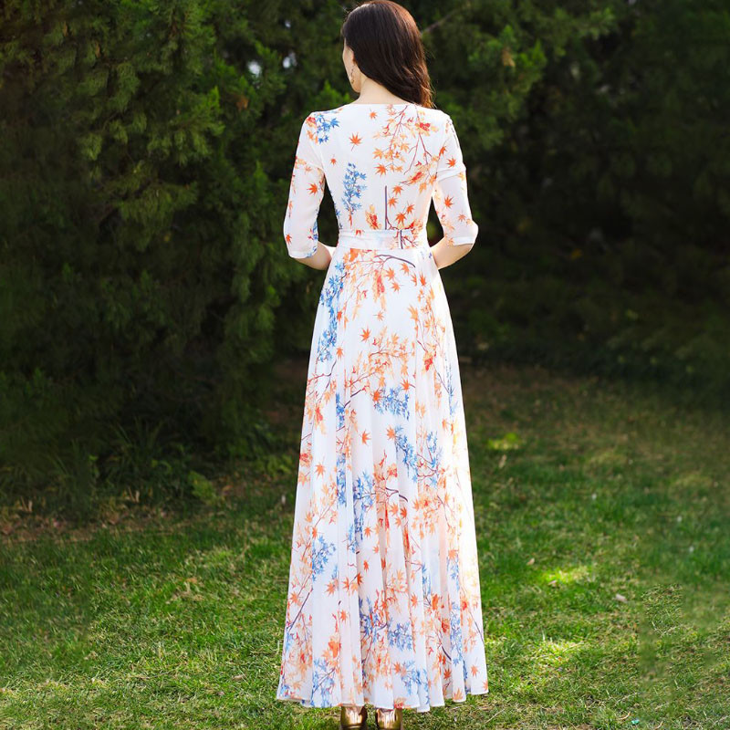 Καλοκαίρι 2024 Νέα φορέματα Devening με στάμπα από σιφόν Γυναικεία ρούχα Μόδα Slim Plus Size 4XL Φορέματα διακοπών Super Long