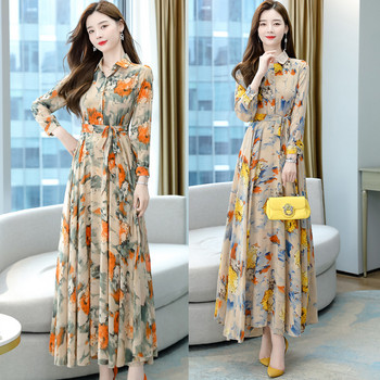 Ново пристигане от есенна колекция 2024 г.: Плажна рокля с дълги ръкави и дълги ръкави в мода в корейски стил с голям размер и отслабваща талия