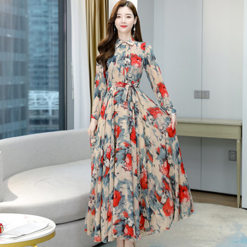 Ново пристигане от есенна колекция 2024 г.: Плажна рокля с дълги ръкави и дълги ръкави в мода в корейски стил с голям размер и отслабваща талия