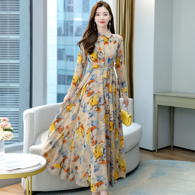 2024. aasta sügiskollektsioon Uus saabumine: Korea stiilis moodne plusssuuruses vöökoht salendav keskmise pikkusega rannakarva laienev pikkade varrukatega kleit