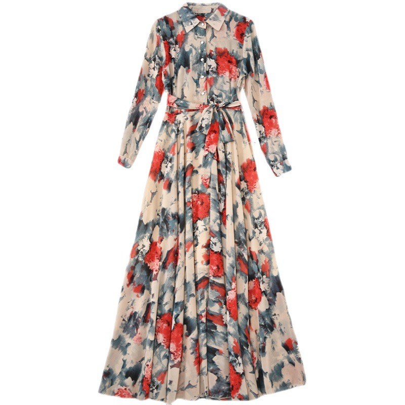 2024. aasta sügiskollektsioon Uus saabumine: Korea stiilis moodne plusssuuruses vöökoht salendav keskmise pikkusega rannakarva laienev pikkade varrukatega kleit