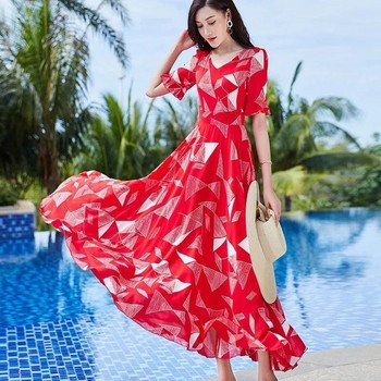 Дамска елегантна рокля на цветя с V-образно деколте, макси рокля в бохо стил с изпъкнали ръкави, голям размер 5xl, широки щампи, летни плажни ваканционни vestidos