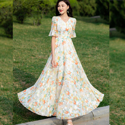 Ženska elegantna cvjetna haljina s V-izrezom, boho stil, maksi haljina s širokim rukavima, velika veličina 5xl, široki print, ljetne haljine za odmor na plaži