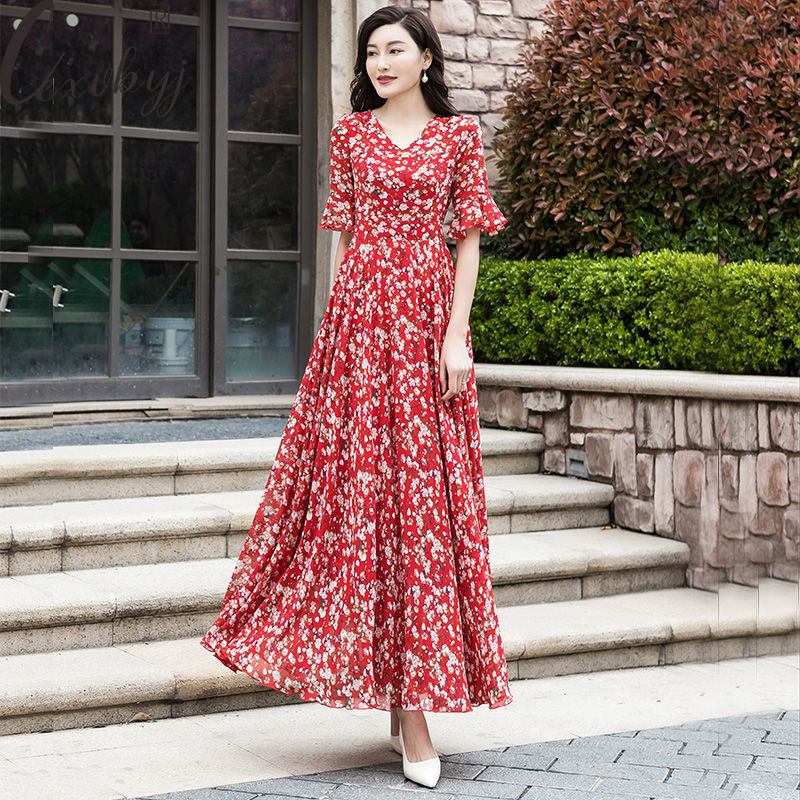 Ženska elegantna cvjetna haljina s V-izrezom, boho stil, maksi haljina s širokim rukavima, velika veličina 5xl, široki print, ljetne haljine za odmor na plaži