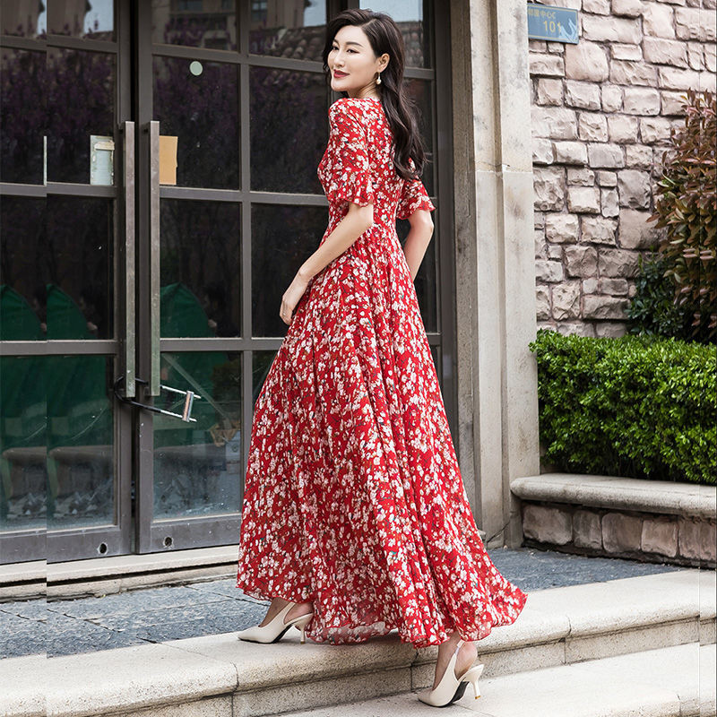 Ženska elegantna cvjetna haljina s V-izrezom, boho stil, maksi haljina s širokim rukavima, velika veličina 5xl, široki print, ljetne haljine za odmor na plaži