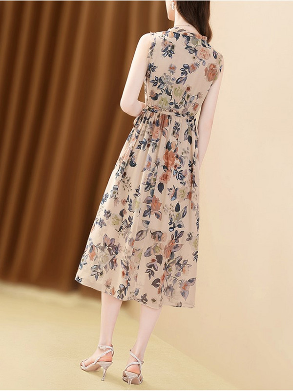 Γυναικεία αμάνικα φλοράλ στάμπα φορέματα, Vintage ζώνη με λαιμόκοψη, λεπτά γυναικεία ρούχα μέχρι το γόνατο, μίντι φόρεμα, καλοκαίρι, νέο, 2024