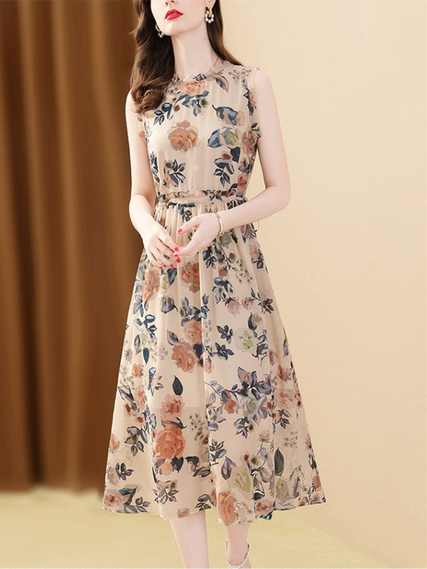 Γυναικεία αμάνικα φλοράλ στάμπα φορέματα, Vintage ζώνη με λαιμόκοψη, λεπτά γυναικεία ρούχα μέχρι το γόνατο, μίντι φόρεμα, καλοκαίρι, νέο, 2024