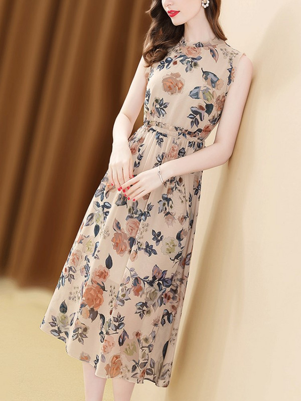 Γυναικεία αμάνικα φλοράλ στάμπα φορέματα, Vintage ζώνη με λαιμόκοψη, λεπτά γυναικεία ρούχα μέχρι το γόνατο, μίντι φόρεμα, καλοκαίρι, νέο, 2024