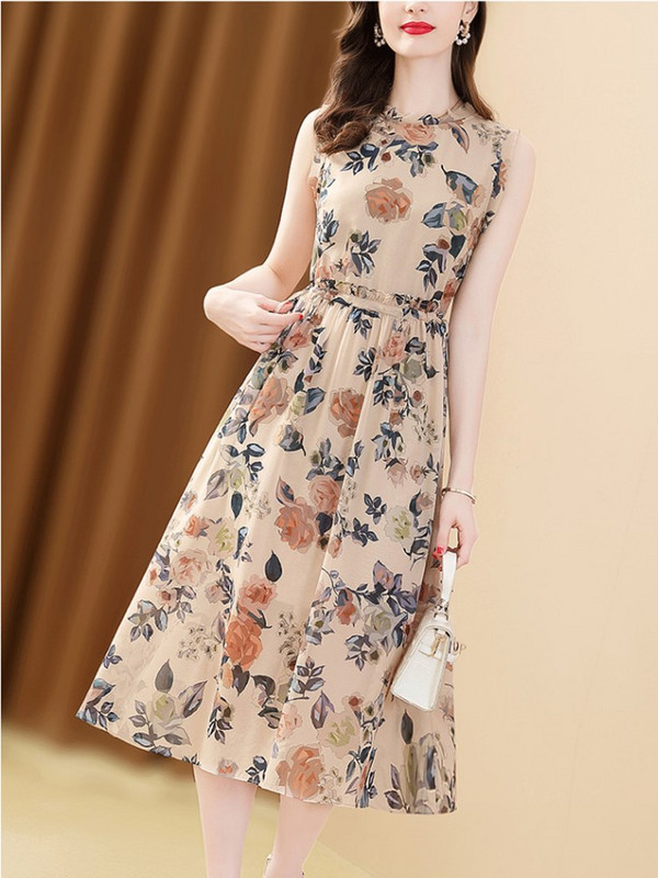 Γυναικεία αμάνικα φλοράλ στάμπα φορέματα, Vintage ζώνη με λαιμόκοψη, λεπτά γυναικεία ρούχα μέχρι το γόνατο, μίντι φόρεμα, καλοκαίρι, νέο, 2024