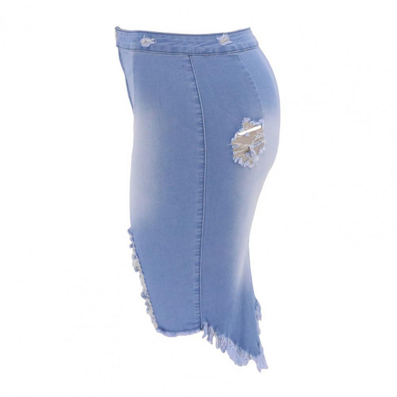 Γυναικεία φούστα Απλή πλενόμενη ταλαιπωρημένη γυναικεία φούστα μίντι μαλακό ύφασμα μίντι φούστα Ασύμμετρη φούντα τζιν φούστα