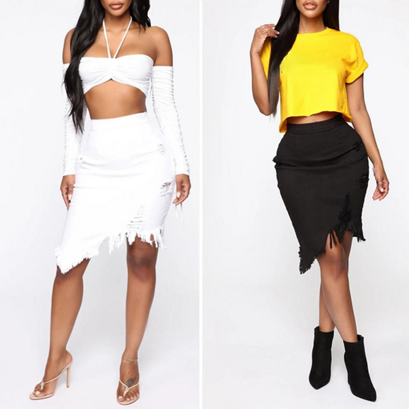 Γυναικεία φούστα Απλή πλενόμενη ταλαιπωρημένη γυναικεία φούστα μίντι μαλακό ύφασμα μίντι φούστα Ασύμμετρη φούντα τζιν φούστα