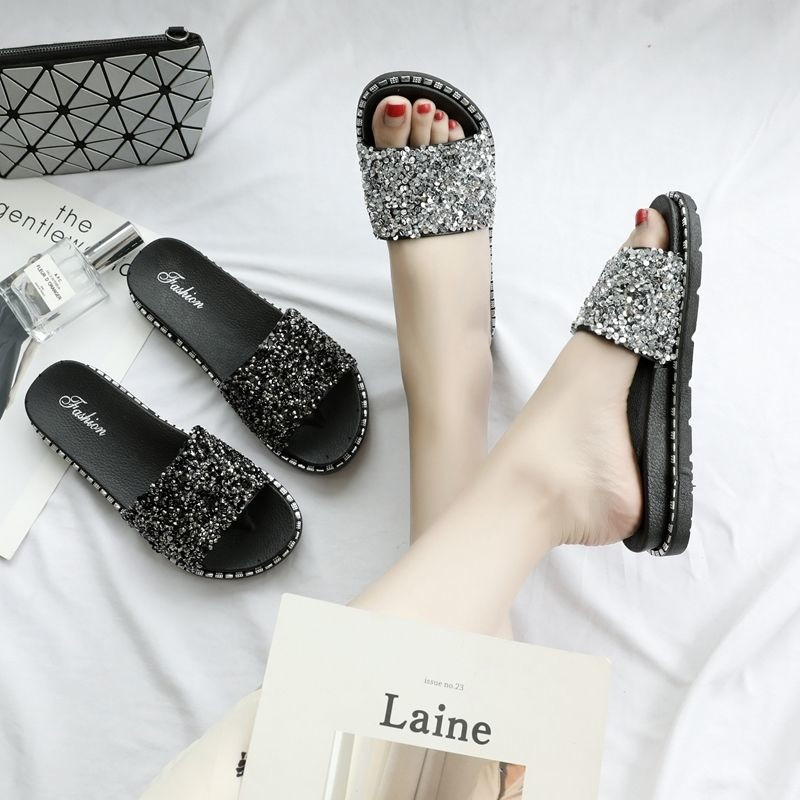 Naiste sussid Slaidid Läikivad naistejalatsid vabaaja suvekorrused naiste kristallsära, mood Lihtsad plätud 2022 Uus