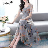 Naiste võrk lilleprinteriga kõrge vöökohaga haldjapeokleidid Suvemoodne V-kaelusega õhuke lühikeste varrukatega rannamidikleit Elegantne Vestidos