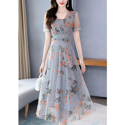 Naiste võrk lilleprinteriga kõrge vöökohaga haldjapeokleidid Suvemoodne V-kaelusega õhuke lühikeste varrukatega rannamidikleit Elegantne Vestidos